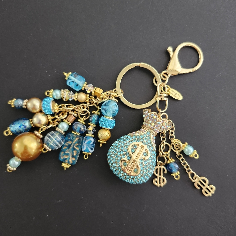 Money Bag Purse Charm or Keychain Accessory Rhinestone Wealth Handcrafted